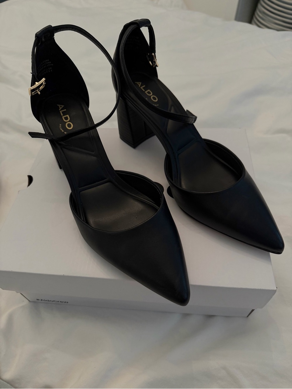 Aldo ‘Jan’ Black Pointed Toe Ankle-Strap Block Heels - Picture 1 of 5